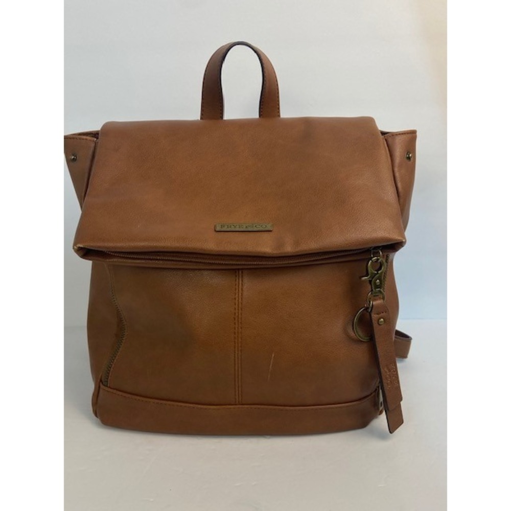 Frye and Co Cognac Brown Faux Leather Foldover Backpack Brass Hardware Bag